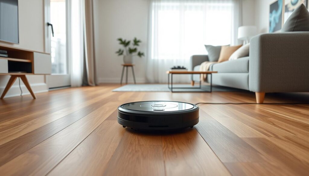 Aspirator robot curățând singur într-un apartament modern Aspirator robot curățând singur într-un apartament modern