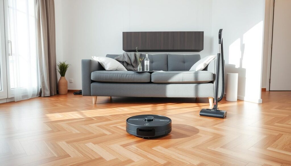 Aspirator robot și aspirator vertical într-un apartament modern de 2 camere