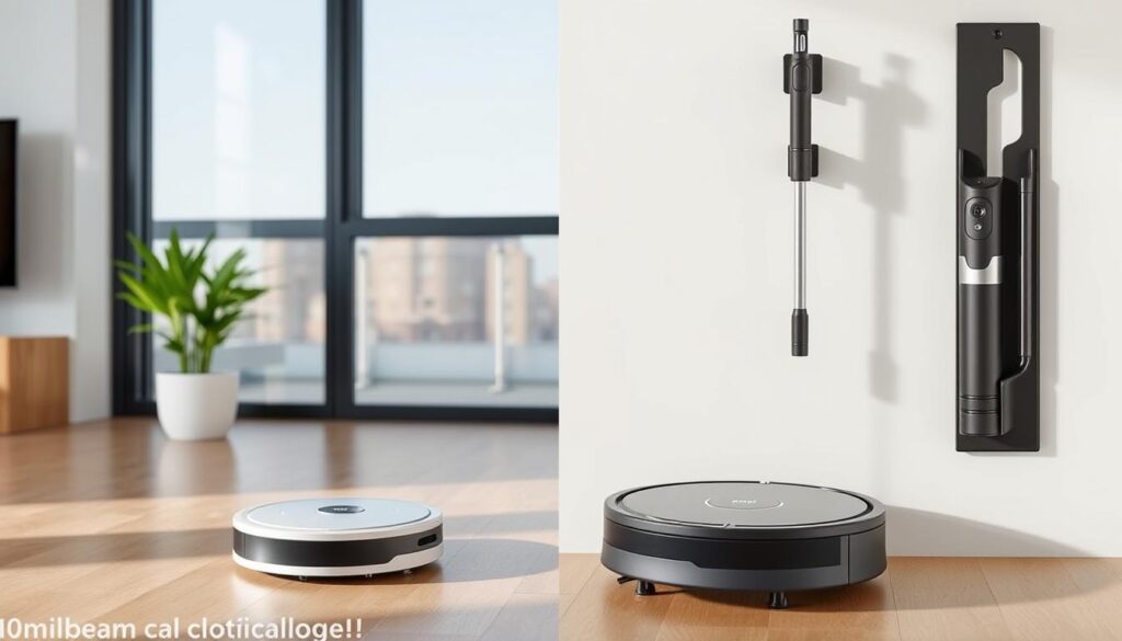 Aspirator robot și vertical împreună într-un apartament modern Aspirator robot și vertical împreună într-un apartament modern