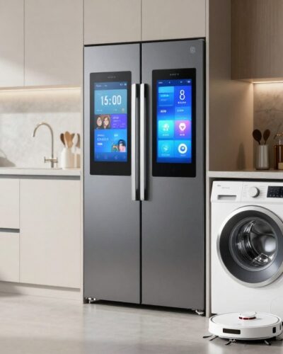 Bucătărie modernă cu electrocasnice AI inteligente conectate