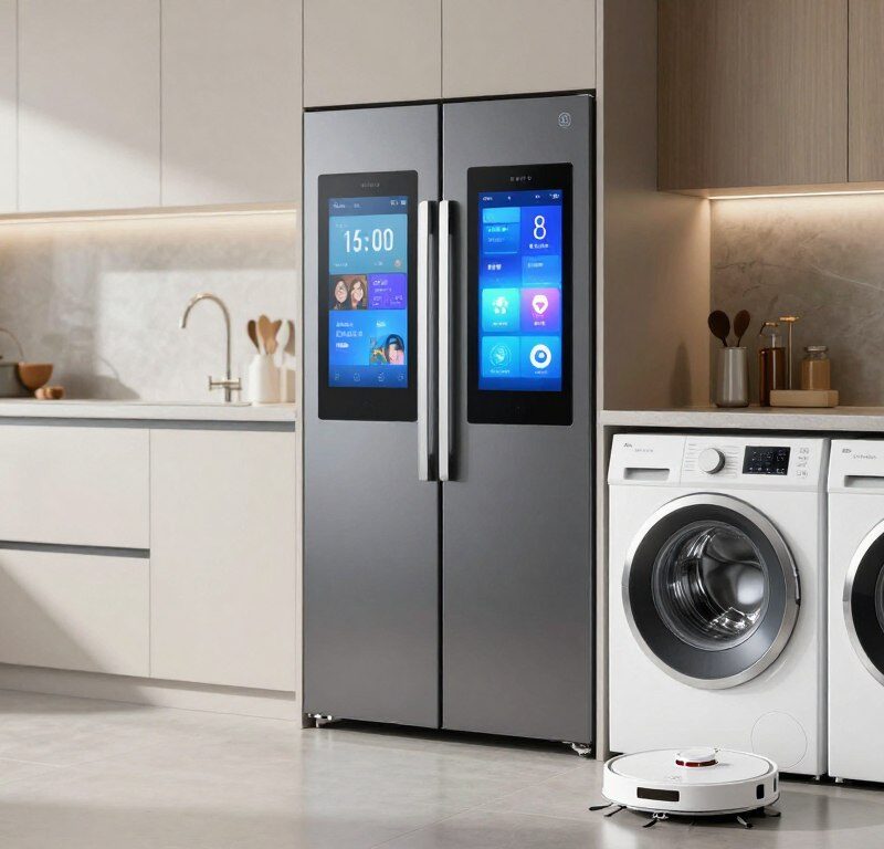Bucătărie modernă cu electrocasnice AI inteligente conectate