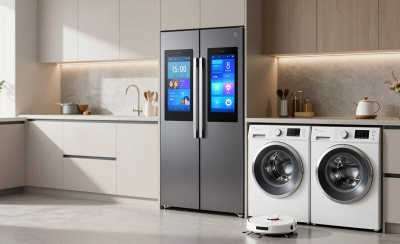Bucătărie modernă cu electrocasnice AI inteligente conectate