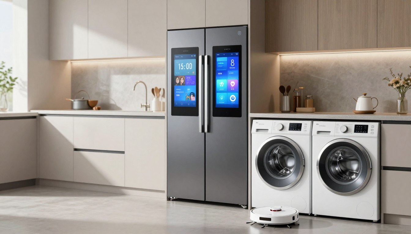 Bucătărie modernă cu electrocasnice AI inteligente conectate