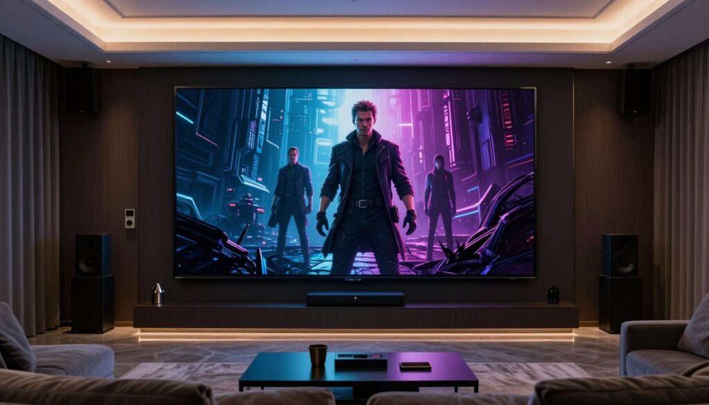 Cinematic movie scene displayed on OLED TV showing perfect contrast