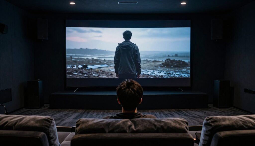 Cinephile watching movies on LG OLED in dark home theater