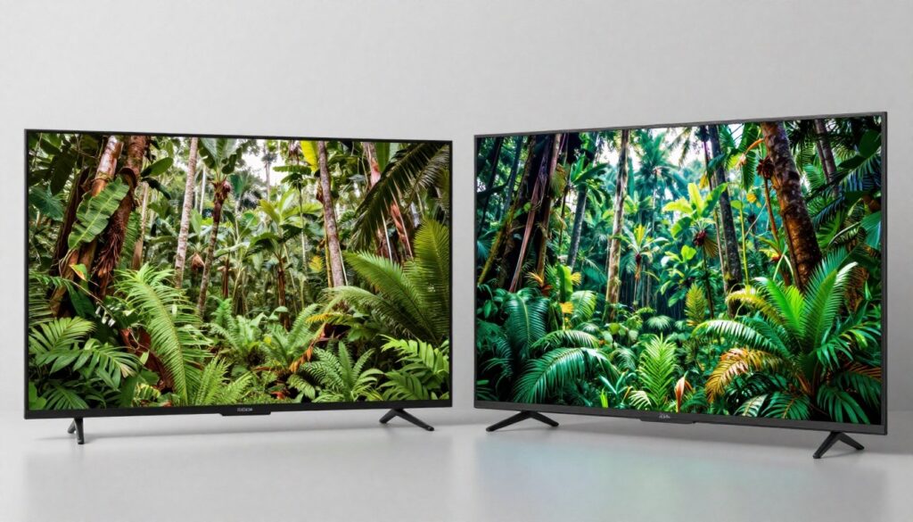 Color accuracy comparison between OLED and QLED displays showing nature scene