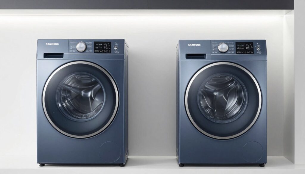 Comparație Samsung vs Bosch mașini de spălat 2026 cu modele moderne în showroom