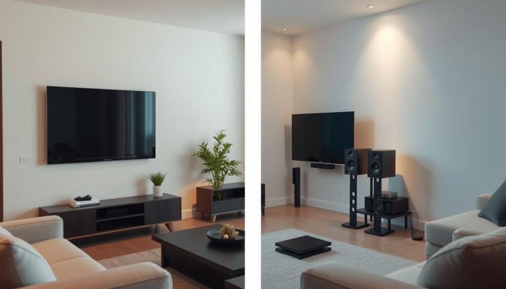 Comparație între soundbar și boxe stereo într-o sufragerie mică modernă