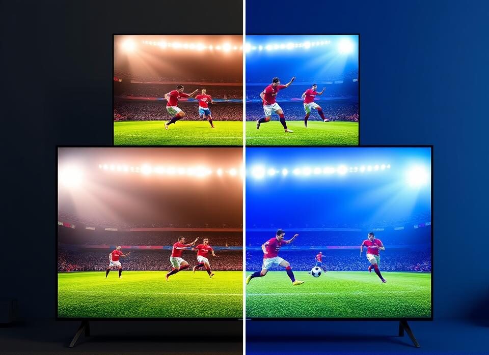 Comparatie vizuala LED vs QLED vs OLED la un meci de fotbal Comparatie vizuala LED vs QLED vs OLED la un meci de fotbal