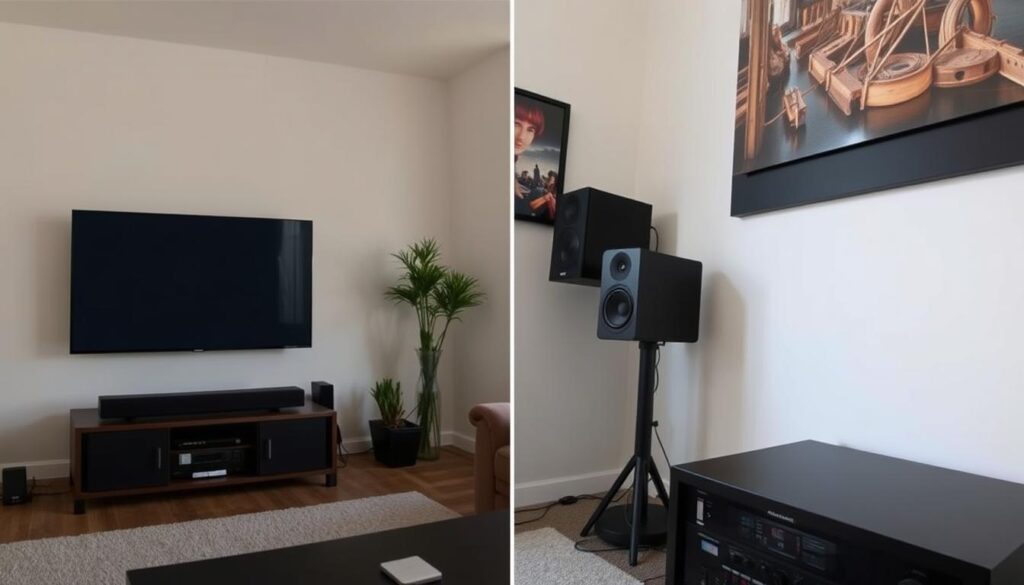 Comparație vizuală soundbar vs boxe stereo Comparație vizuală soundbar vs boxe stereo