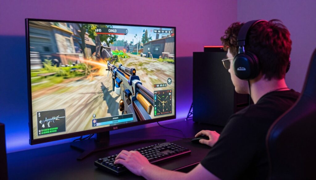 Competitive gamer playing FPS on LG OLED with ultra-low input lag