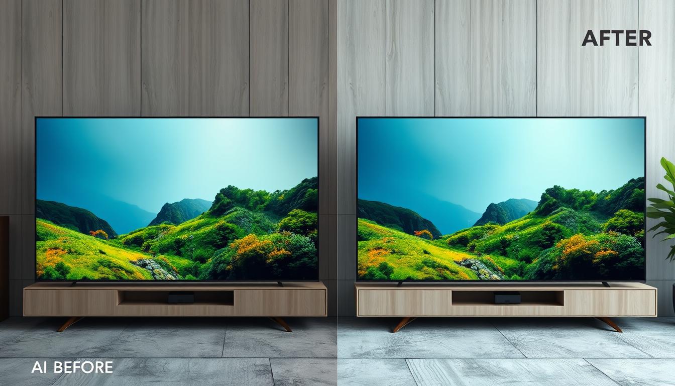 Demonstrație AI upscaling pe ecran mare televizor Demonstrație AI upscaling pe ecran mare televizor