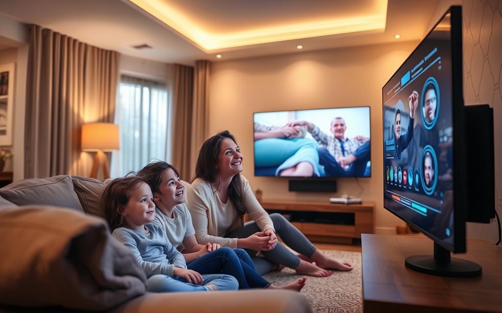 Familie bucurându-se de experiență optimizată pe televizor cu AI Familie bucurându-se de experiență optimizată pe televizor cu AI