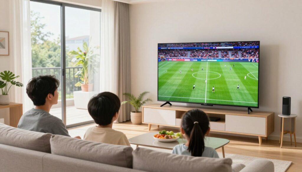 Family watching sports on Samsung QLED in bright living room during daytime
