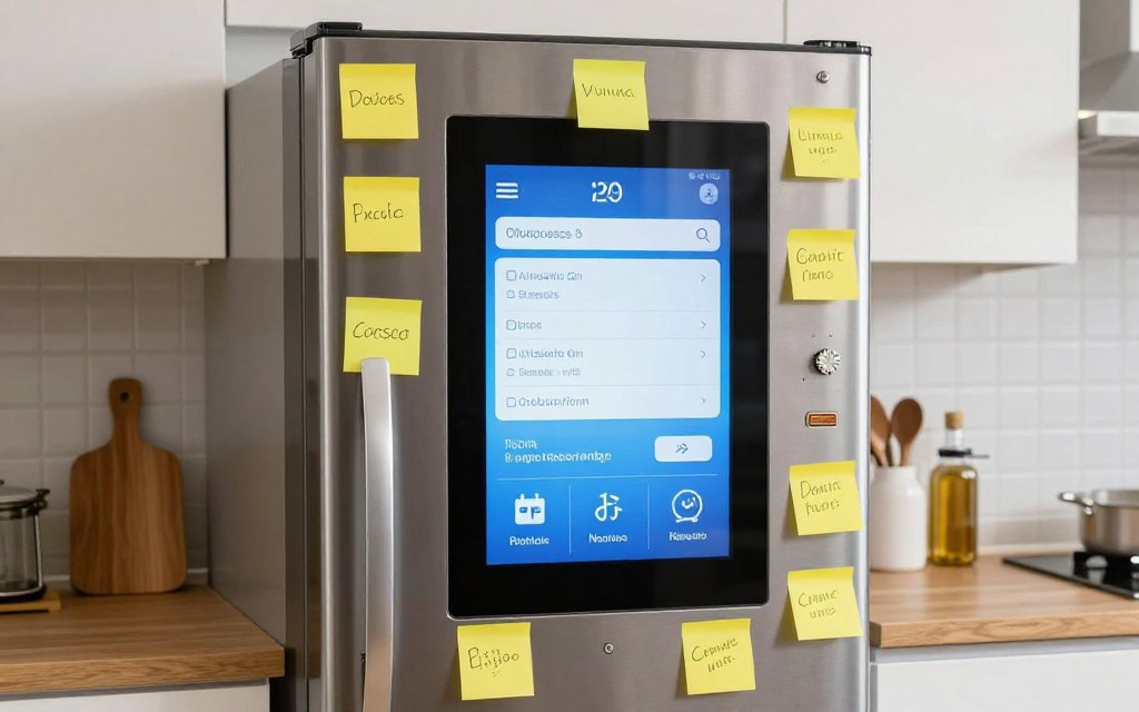 Frigider cu ecran touch uriaș nefolosit acoperit cu notițe