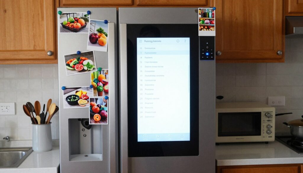 Frigider smart cu ecran touch neutilizat acoperit cu magneți