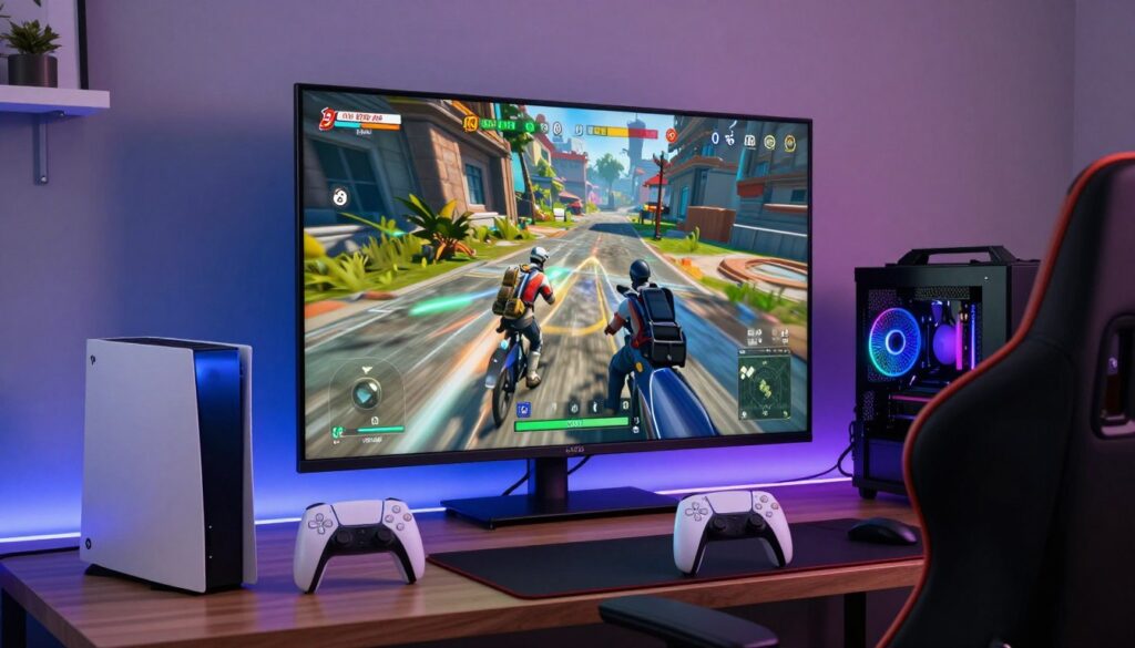 Gaming setup showing LG OLED TV connected to PS5 and Xbox Series X consoles