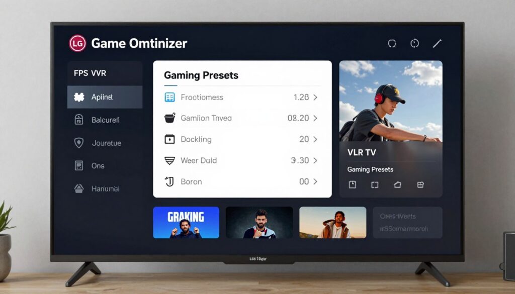 LG Game Optimizer menu interface showing gaming settings and dashboard