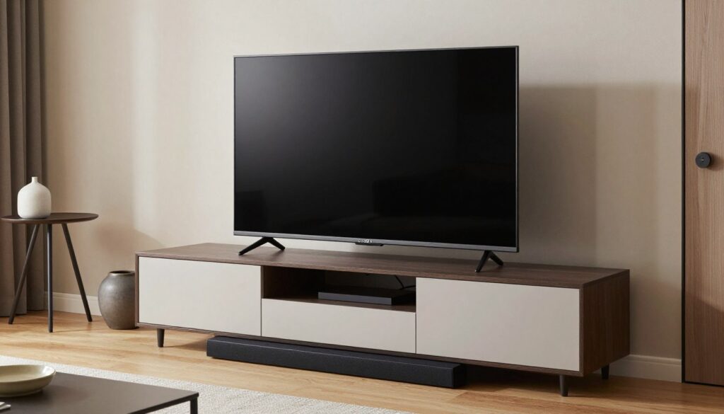 LG OLED C4 TV on central gallery stand with soundbar placement