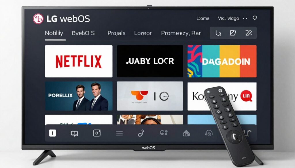 LG webOS interface showing Magic Remote pointer and horizontal launcher
