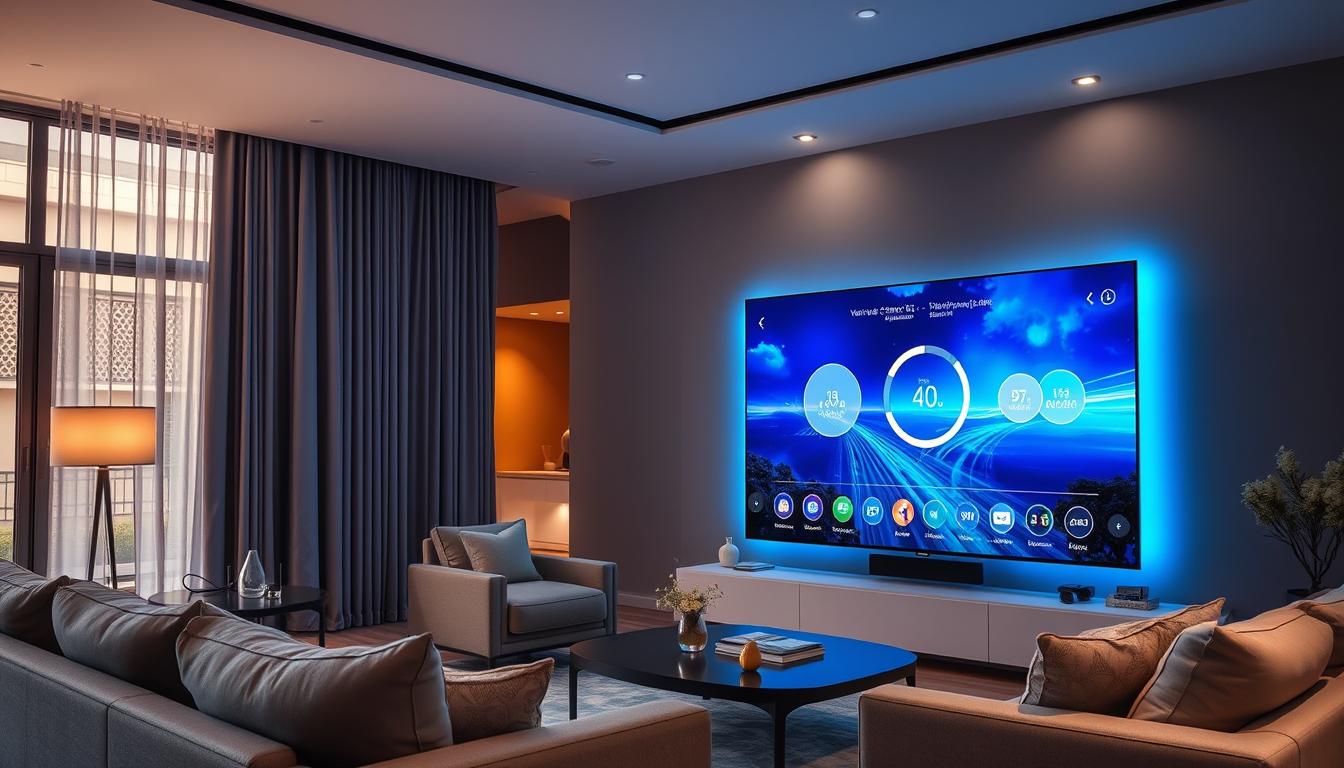 Living modern cu televizor mare cu AI pentru experiență optimizată Living modern cu televizor mare cu AI pentru experiență optimizată