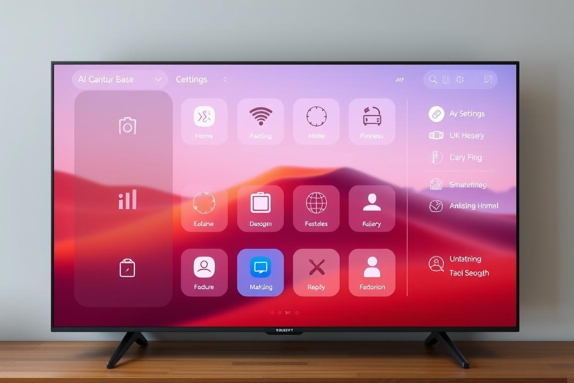 Panou de control al funcțiilor AI pe televizor modern Samsung sau Sony Panou de control al funcțiilor AI pe televizor modern Samsung sau Sony