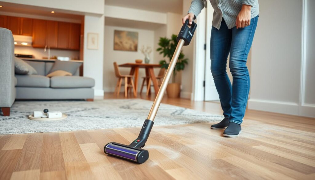 Persoană folosind aspirator vertical pentru curățenie rapidă Persoană folosind aspirator vertical pentru curățenie rapidă