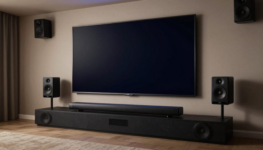 Premium soundbar setup with TV showing immersive audio configuration