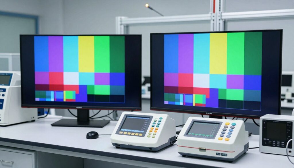 Professional image quality testing setup showing color accuracy measurements