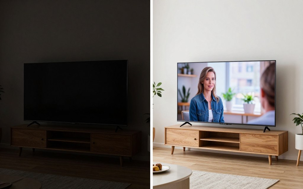Same TV content shown in dark room versus bright room conditions