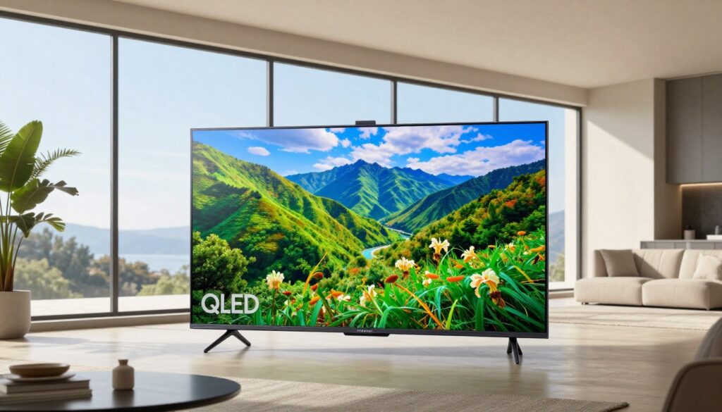 Samsung QLED TV showing bright vibrant colors in well-lit room