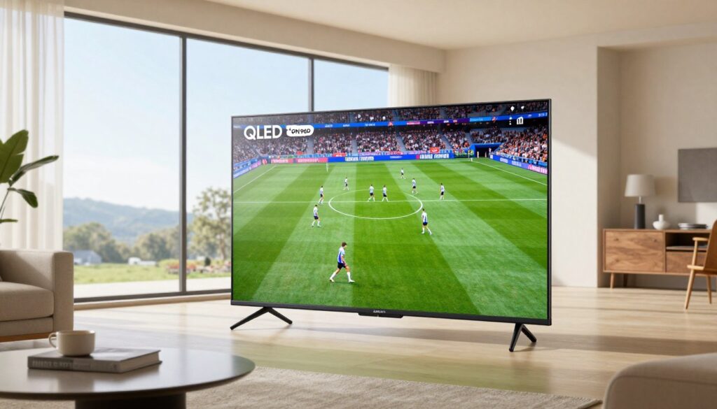 Samsung QN90D Neo QLED TV in bright living room displaying sports content