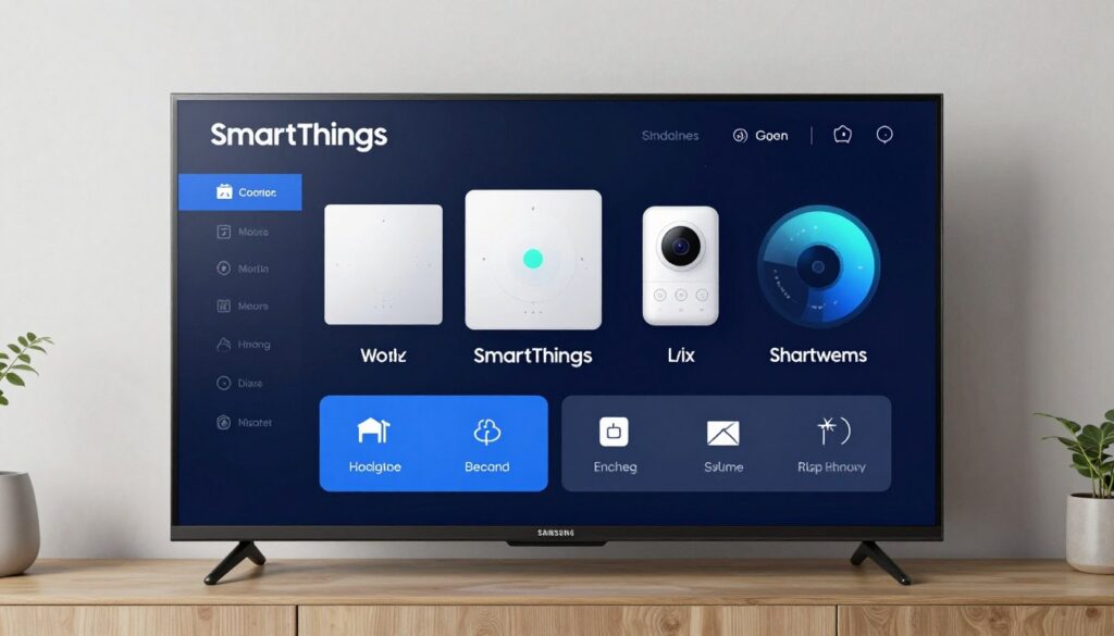 Samsung SmartThings interface on TV controlling smart home devices