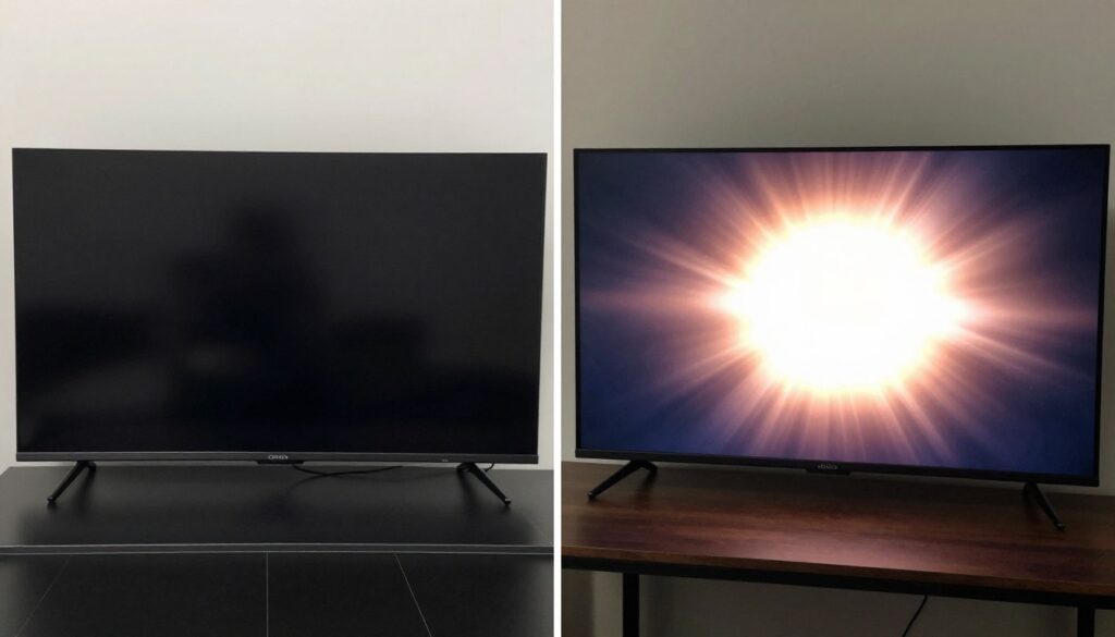 Side by side comparison of OLED perfect blacks versus QLED blooming effect