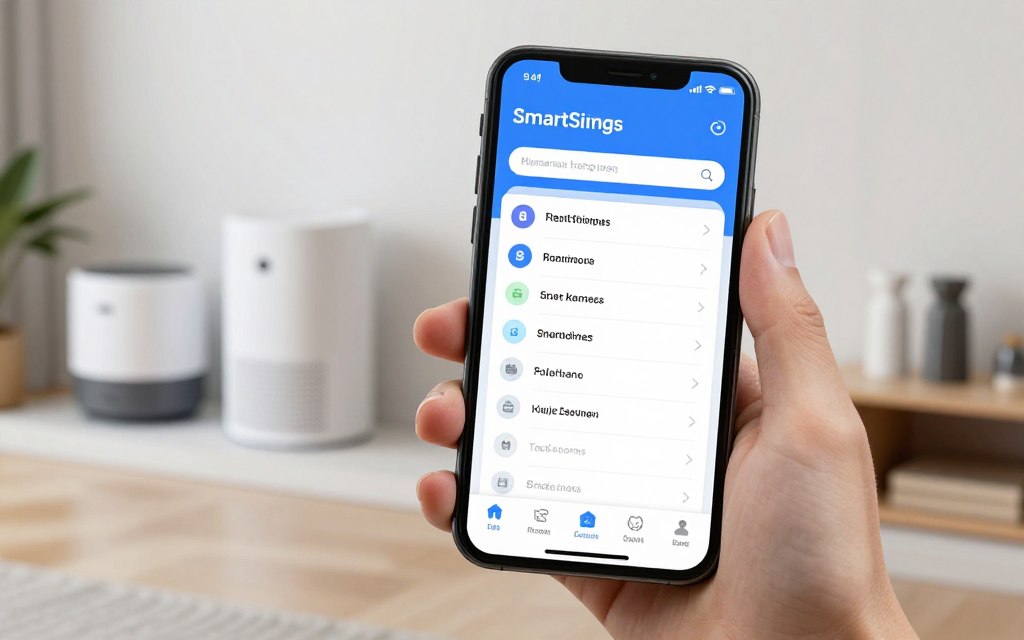 Smartphone cu aplicație SmartThings controlând electrocasnice