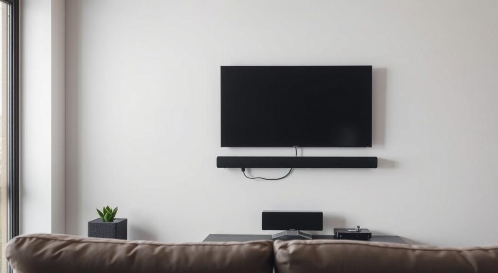 Soundbar compact montat sub televizor în sufragerie mică Soundbar compact montat sub televizor în sufragerie mică
