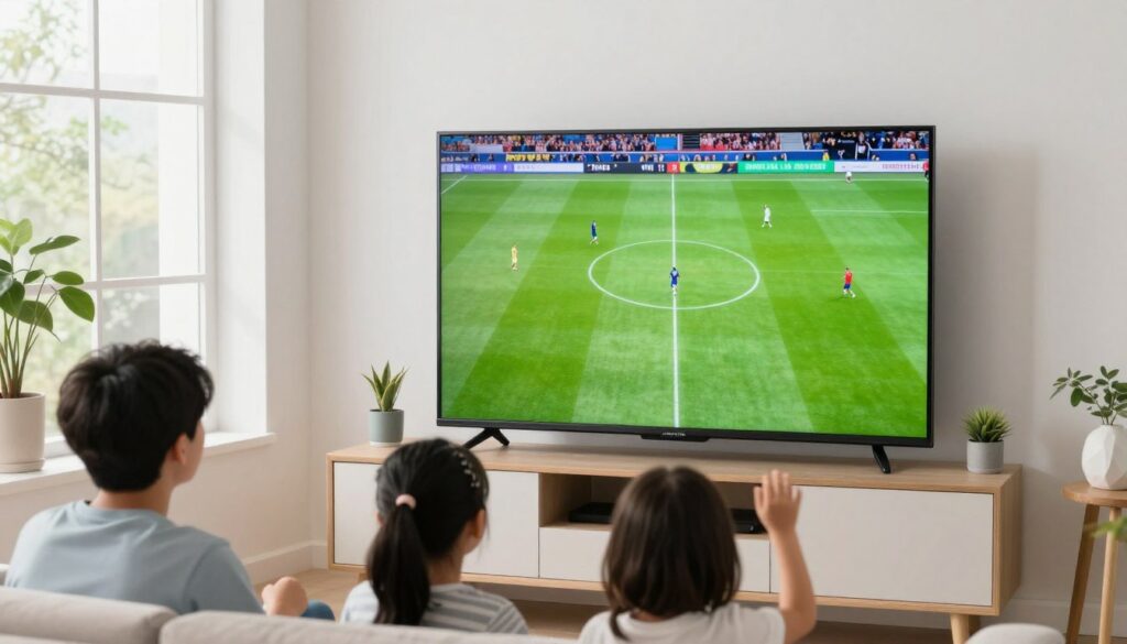Sports content displayed on bright QLED TV in well-lit room