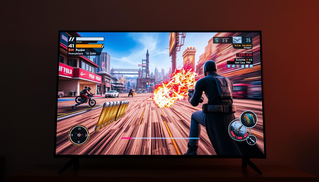 Televizor în modul gaming cu AI arătând gameplay fluid Televizor în modul gaming cu AI arătând gameplay fluid