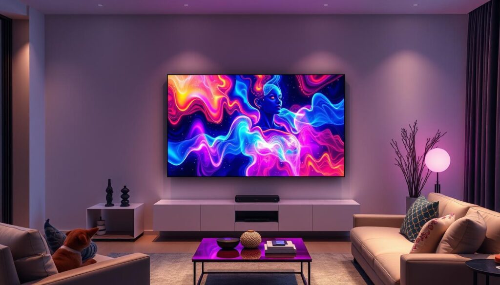 Televizor modern cu AI afișând conținut 4K în living contemporan