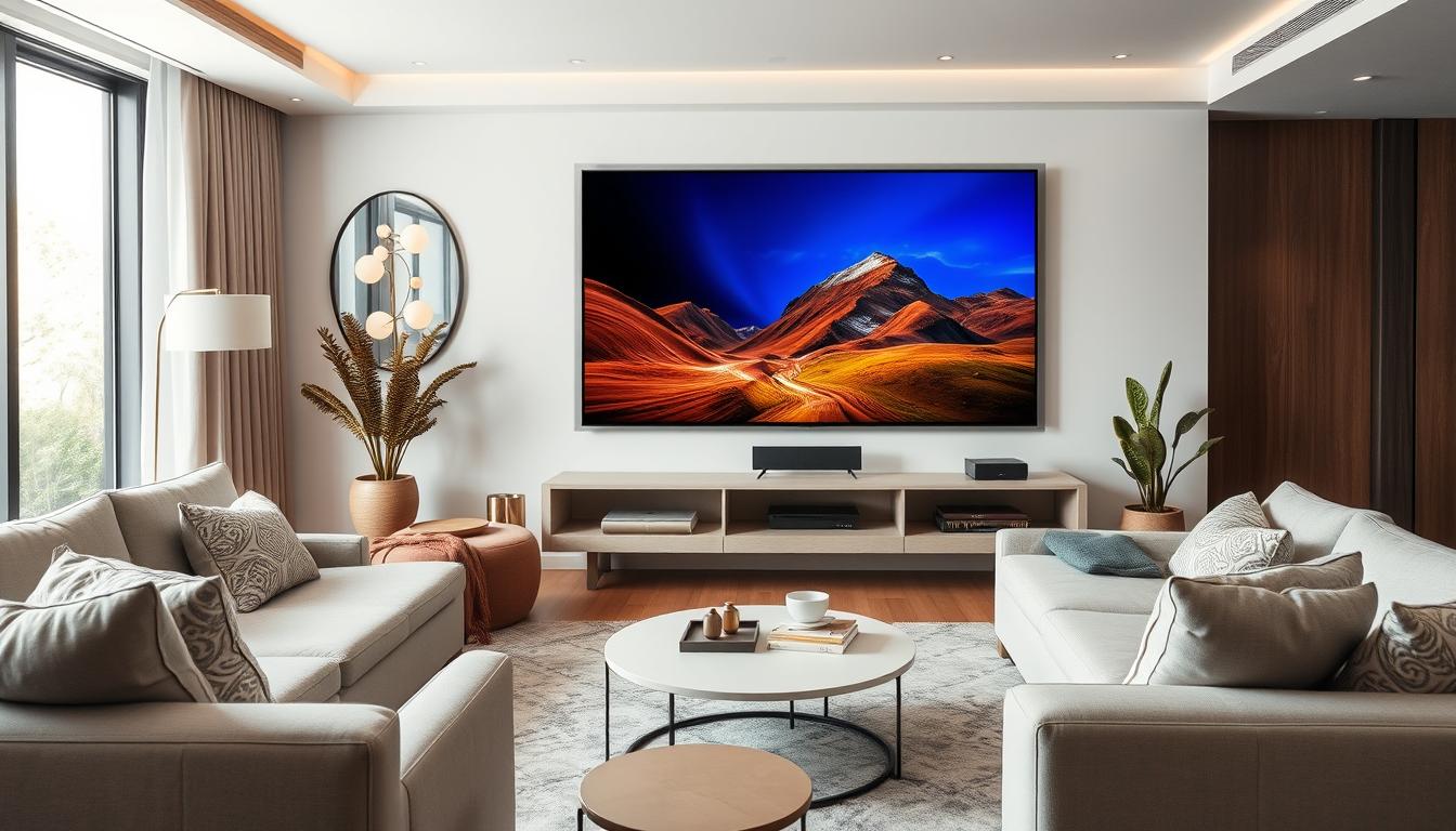 Televizor modern cu AI integrat elegant în living contemporan Televizor modern cu AI integrat elegant în living contemporan