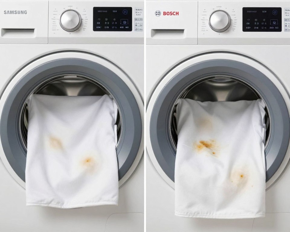 Test comparativ de spălare Samsung vs Bosch cu pete pe țesături albe Test comparativ de spălare Samsung vs Bosch cu pete pe țesături albe
