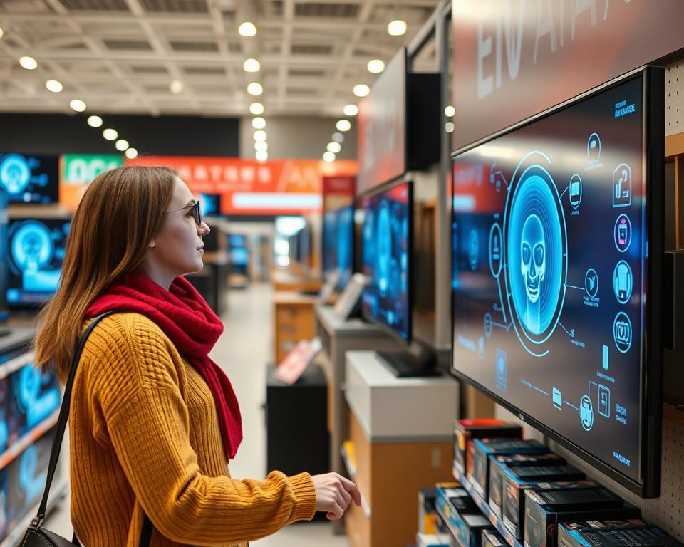 Utilizator comparând televizoare cu și fără AI în magazin Utilizator comparând televizoare cu și fără AI în magazin