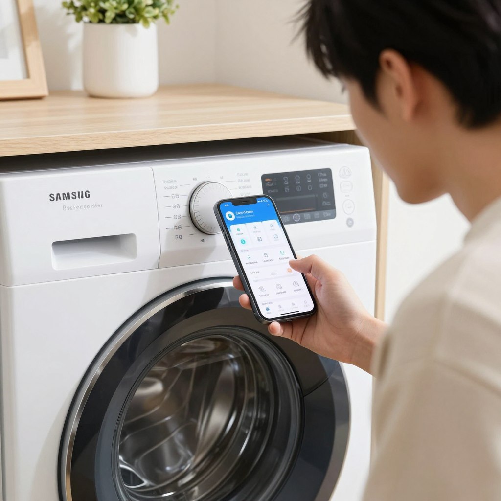 Utilizator controlând mașina Samsung prin aplicație smartphone Utilizator controlând mașina Samsung prin aplicație smartphone