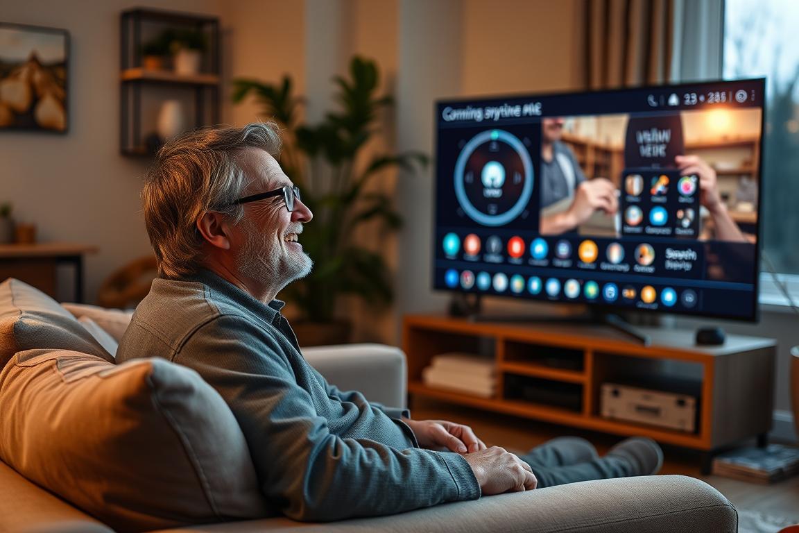 Utilizator mulțumit bucurându-se de experiență optimizată pe televizor cu AI Utilizator mulțumit bucurându-se de experiență optimizată pe televizor cu AI