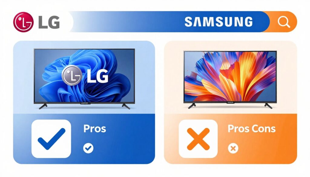 Visual comparison chart showing LG vs Samsung TV advantages and disadvantages