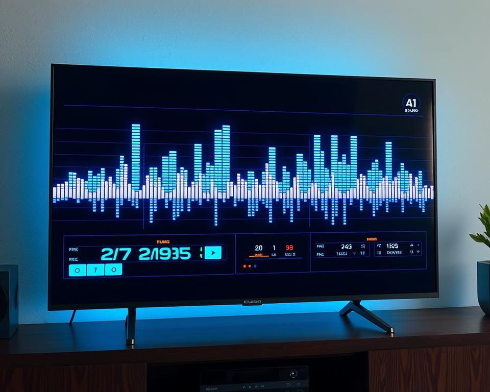 Vizualizare undă audio procesată de AI pe televizor Vizualizare undă audio procesată de AI pe televizor