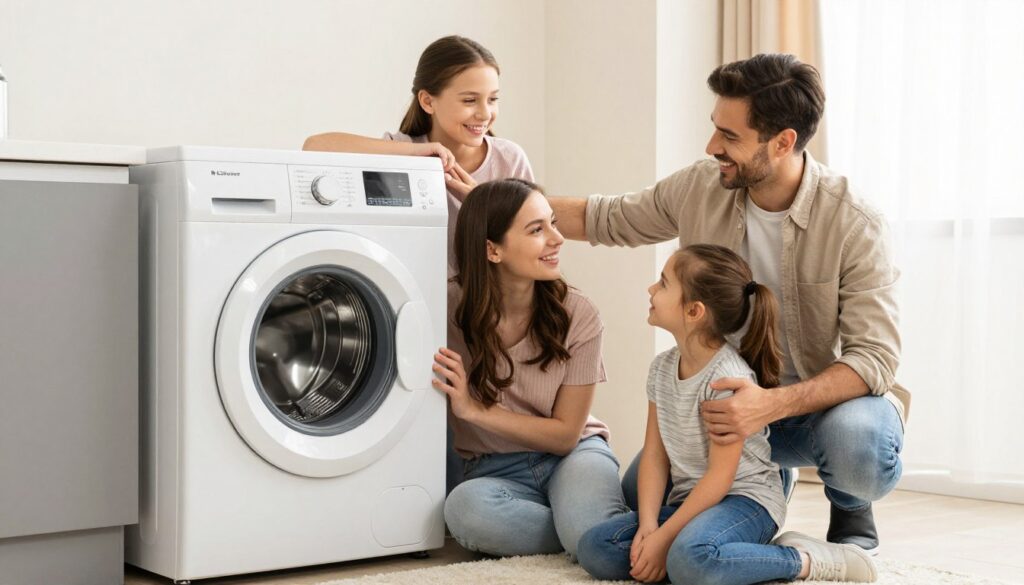 familie fericită lângă mașina de spălat silențioasă