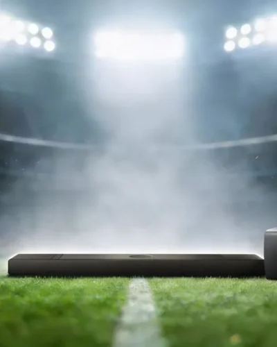 Soundbar modern sub 1000 lei montat sub televizor afișând meci de fotbal FIFA World Cup 2026 într-un living românesc modern