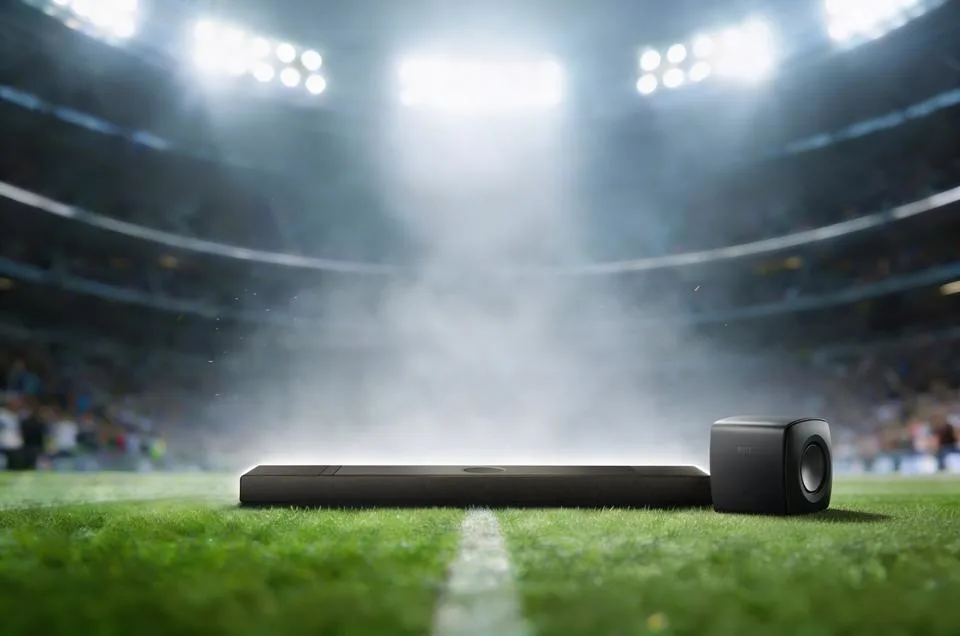Soundbar modern sub 1000 lei montat sub televizor afișând meci de fotbal FIFA World Cup 2026 într-un living românesc modern