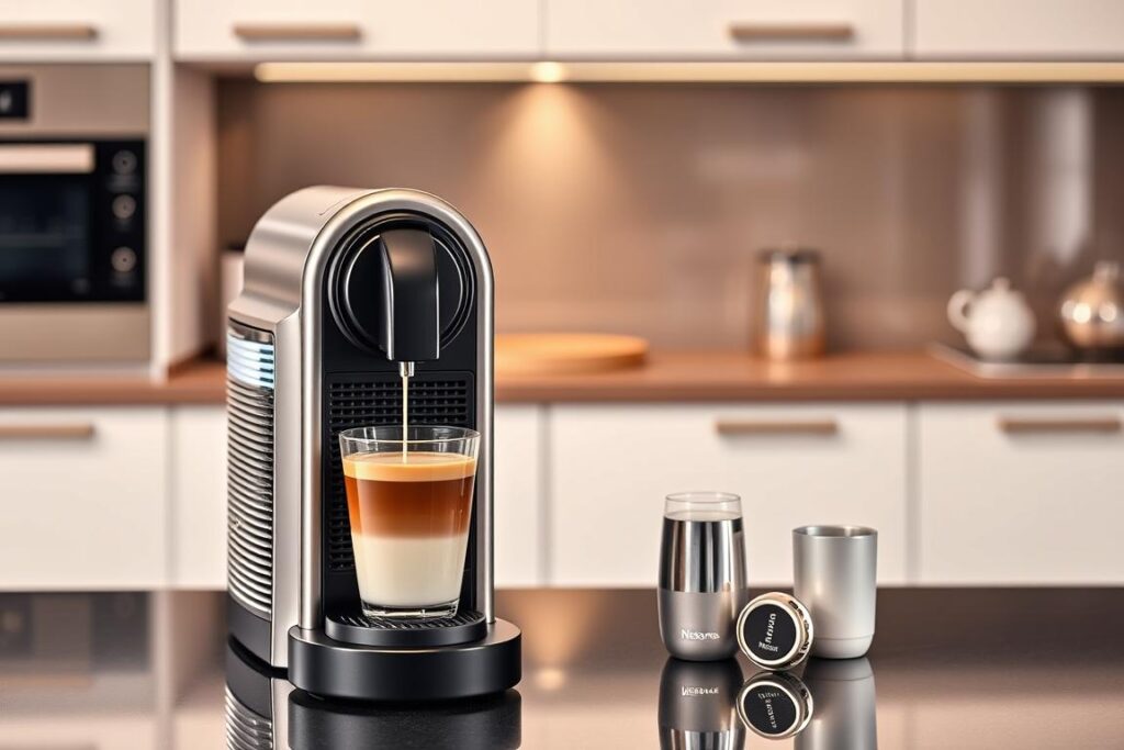 Aparat Nespresso premium cu sistem de spumare lapte pe blat elegant Aparat Nespresso premium cu sistem de spumare lapte pe blat elegant